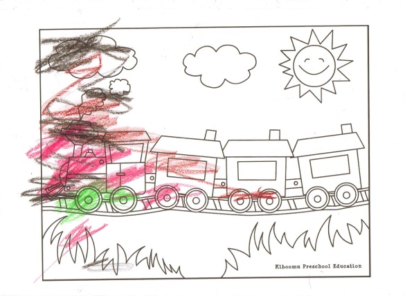 I particularly love the way the black crayon in this train colouring looks like a smoky steam coming from the train's funnel - so creative.
